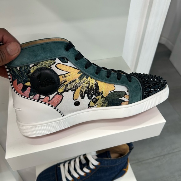 Christian Louboutin Teal and Floral High-Top Sneakers with Black Studs - Picture 1 of 4